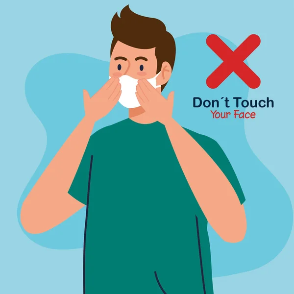 Raak je gezicht niet aan, jongeman met gezichtsmasker, vermijd het aanraken van je gezicht, coronavirus covid19 preventie — Stockvector