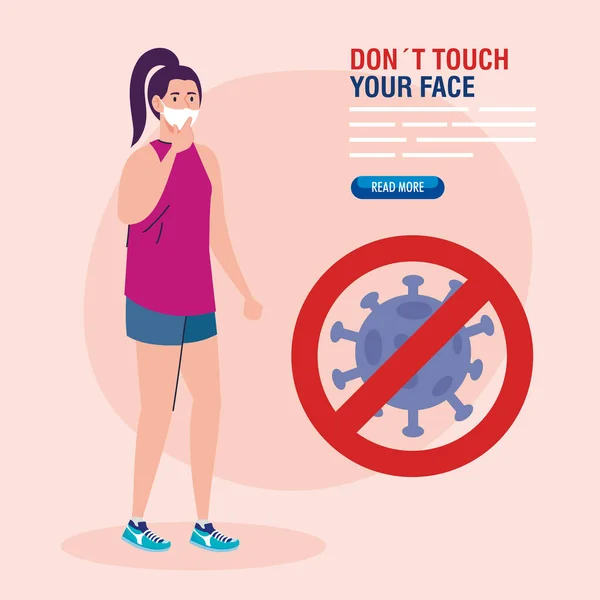 Не трогайте лицо, женщина в маске и коронавирусе частицы в сигнале запрещено, избегать прикосновения к лицу, коронавируса covid19 профилактики — стоковый вектор