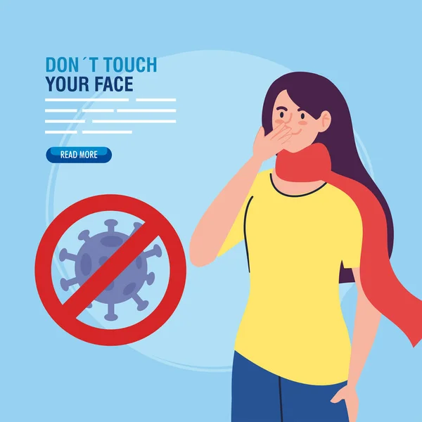 Rör inte ansiktet, ung kvinna bär ansiktsmask och coronavirus partikel i signal förbjudna, undvika att röra ansiktet, coronavirus covid19 förebyggande — Stock vektor