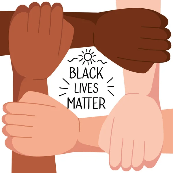 Detener el racismo, con cuatro manos unidas, las vidas negras importan concepto — Vector de stock