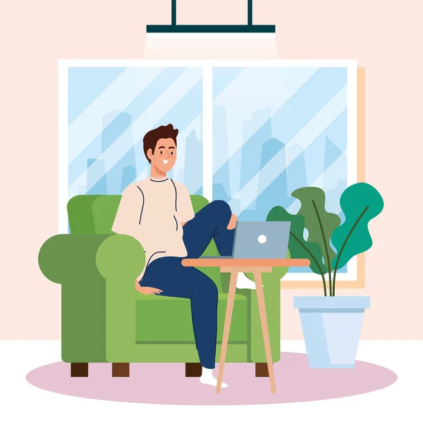 Home working, freelancer young man in sofa with laptop, working from home in relaxed pace, convenient workplace — Stock Vector