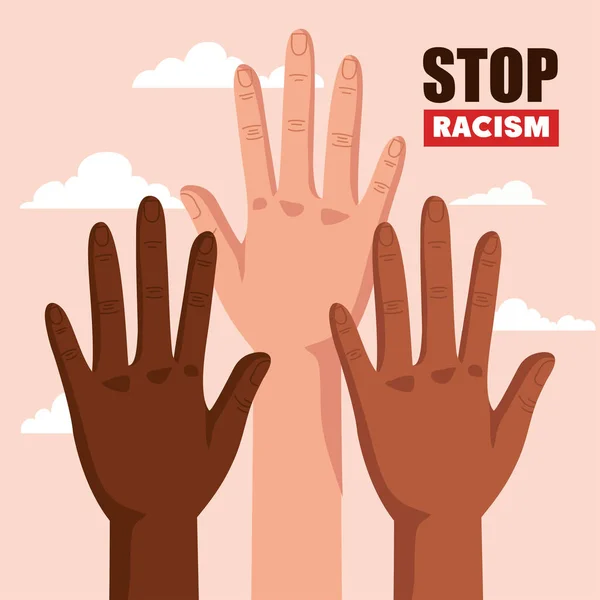 Zastavit rasismus, s rukama a mraky na pozadí, koncept černých životů — Stockový vektor
