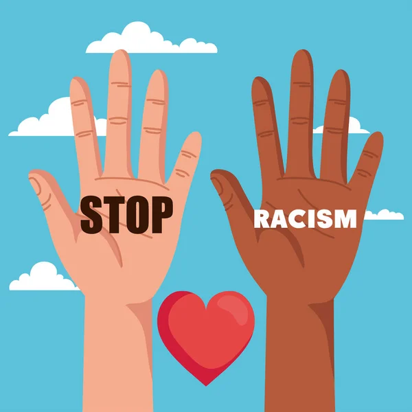 Zastavit rasismus, s rukou a srdcem a mraky na pozadí, černé životy hmota koncept — Stockový vektor