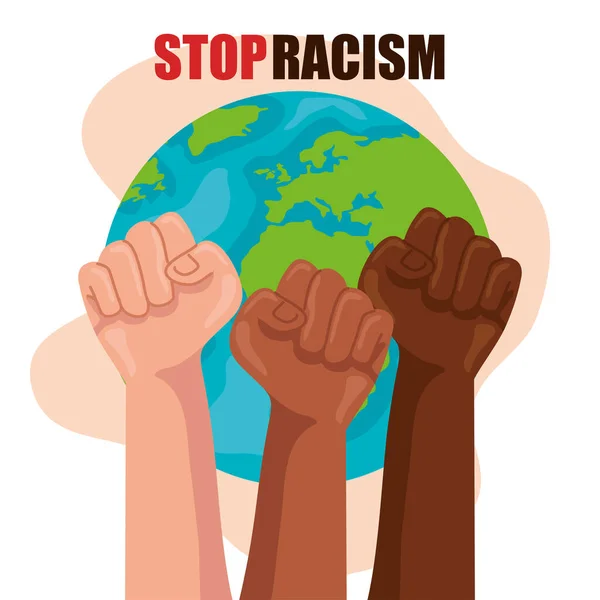 Detener el racismo, con las manos en el puño y el planeta mundial, las vidas negras importan concepto — Vector de stock