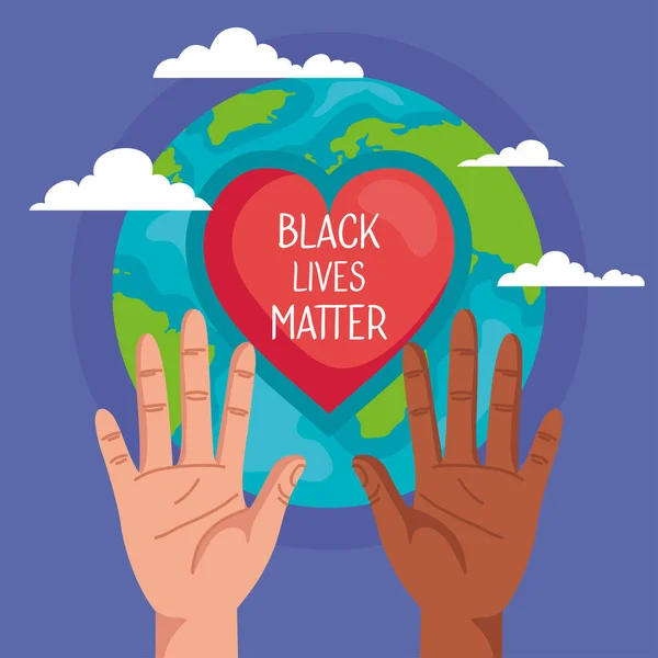 Stop racism, with hands, heart and world planet, black lives matter concept — Stock Vector