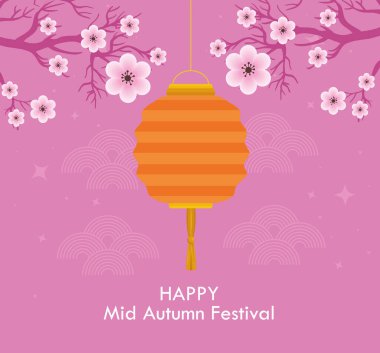 Sonbahar ortası Çin Festivali. Fenerler asılı ve çiçek süslemeleri var.