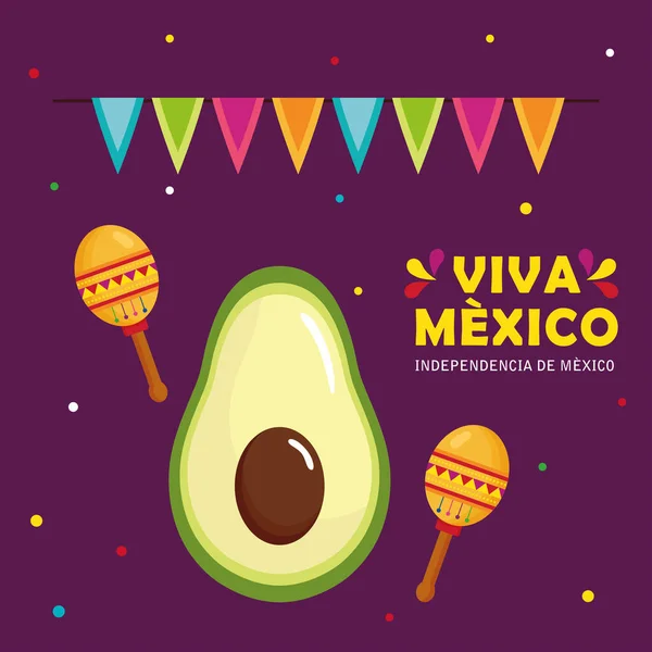 Viva mexico, šťastný den nezávislosti, 16 září s avokádem, marakádo a věnce visící dekorace — Stockový vektor