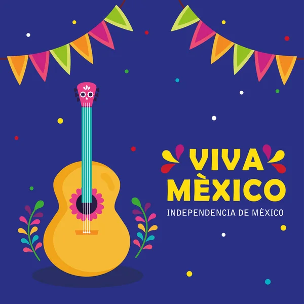 Viva mexico, dia feliz independência, 16 de setembro com guitarra e guirlandas pendurado decoração —  Vetores de Stock