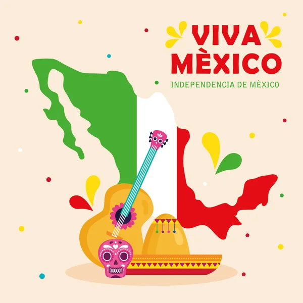 Viva meksyk, szczęśliwy dzień niepodległości, 16 września z mapą i tradycyjnymi ikonami dekoracji — Wektor stockowy