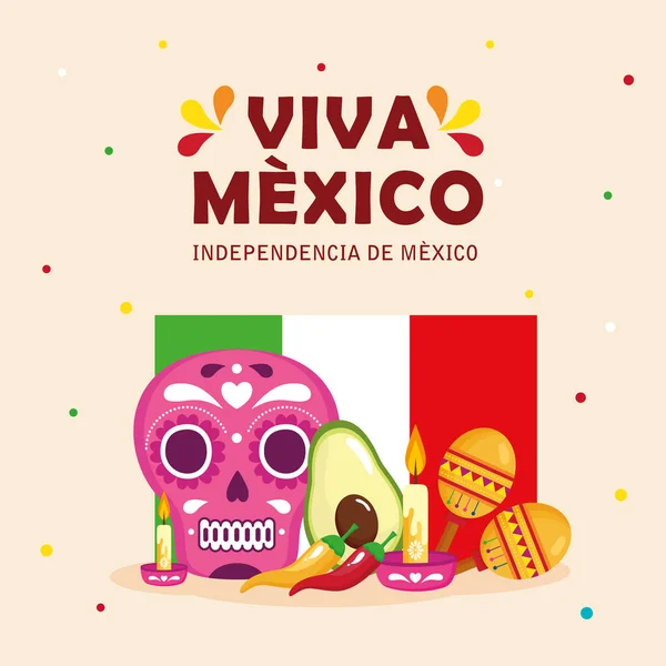 Viva messicano, felice giorno dell'indipendenza, 16 settembre con bandiera e decorazioni tradizionali — Vettoriale Stock