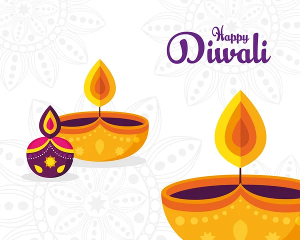 Banner di festa festa diwali con candele decorazione su sfondo bianco — Vettoriale Stock