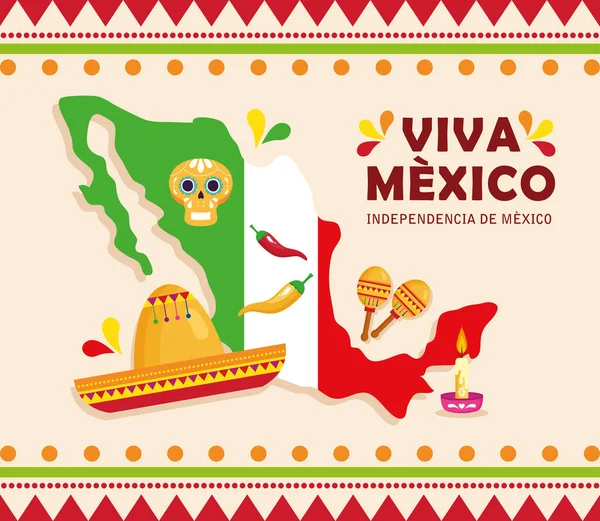 Viva mexico, feliz dia da independência, 16 de setembro e mapa com decoração de ícones tradicionais — Vetor de Stock