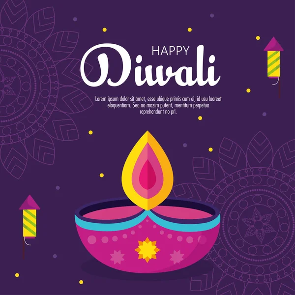 Banner of diwali festival holiday with candle and fireworks on purple background — Stock Vector