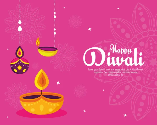 Banner of diwali festival holiday with candles hanging on pink background — Stock Vector