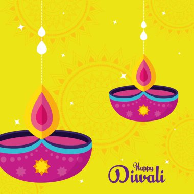 Sarı arka planda mumlar asılı diwali festivali bayramı bayrağı