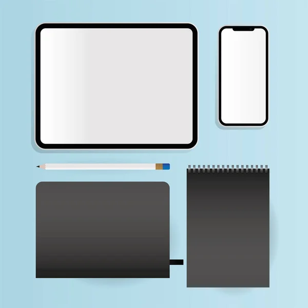 Cuadernos Mockup tableta y diseño de vectores de teléfonos inteligentes — Vector de stock