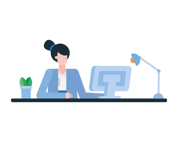 Mujer en el escritorio con el ordenador en el diseño de vectores de oficina — Vector de stock