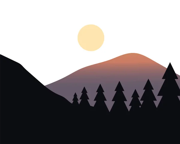 松林と太陽の山の景観ベクトルデザイン — ストックベクタ