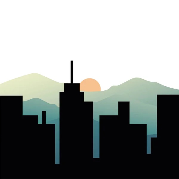 Bâtiments de la ville et soleil sur la conception vectorielle montagnes — Image vectorielle