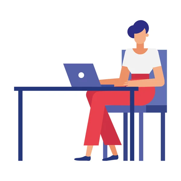 Mujer en el escritorio con el ordenador portátil en el diseño de vectores de oficina — Vector de stock