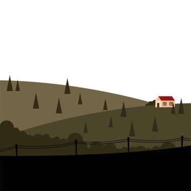 Çam ağaçları ve çit çizimi olan bir ev.