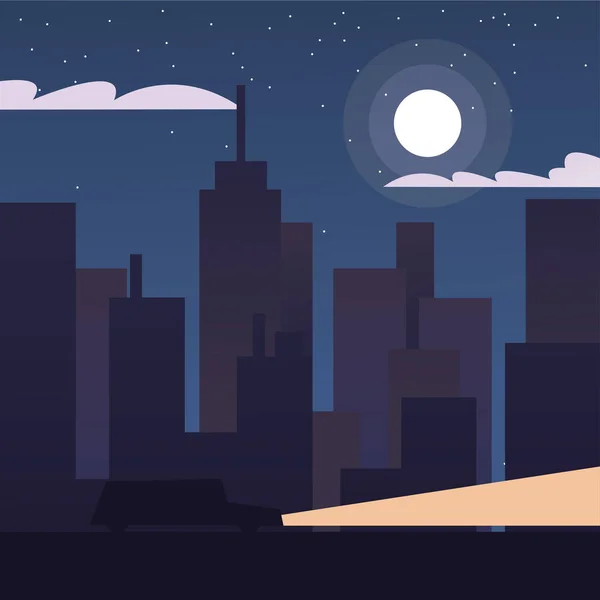 Stad byggnader landskap på natten vektor design — Stock vektor