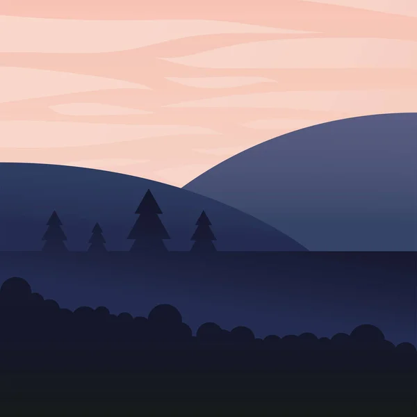 Paisaje de pinos en la montaña y el diseño vectorial cielo rosa — Vector de stock