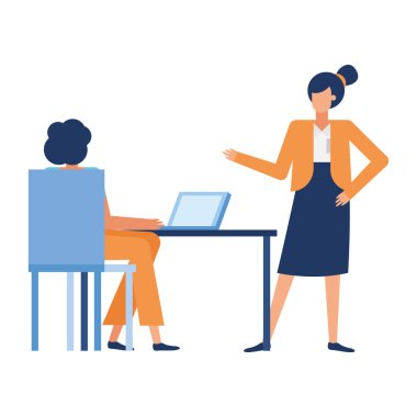 İş kadınları çizimleri masa başı vektör tasarımında