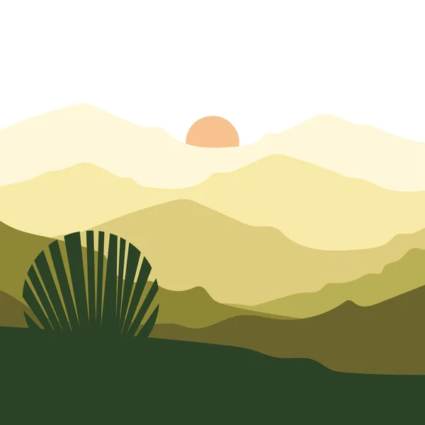 Slunce na horách krajina s listovým vektorem design — Stockový vektor