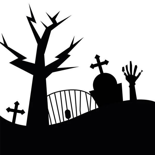 Хэллоуин могила дерева и зомби вектор руки дизайн — стоковый вектор