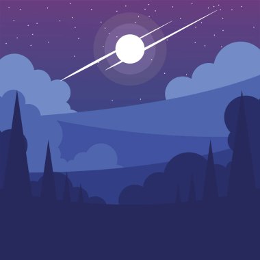 Gece vektör tasarımında çam ağaçları ve bulutlar