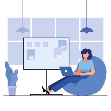 Ofis vektör tasarımında dizüstü bilgisayarı olan kadın.