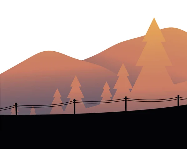 Pinos frente al paisaje de montaña con diseño de vectores de vallas — Vector de stock