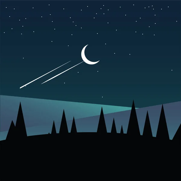 Pinos en la montaña y el cielo con estrellas vector de diseño — Vector de stock