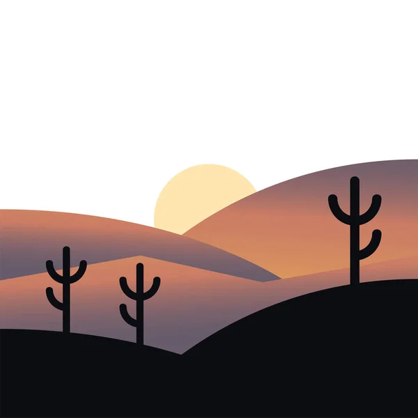 Sol sobre montanhas e cacto silhueta paisagem vetor design — Vetor de Stock