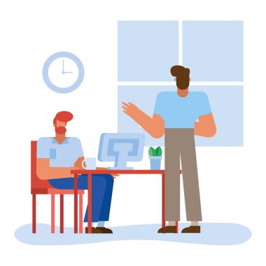 Ofis vektör tasarımında bilgisayarı olan adamlar masada.