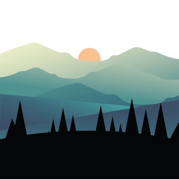 Çam ağaçları ve güneş dağ manzarası vektör tasarımı üzerinde — Stok Vektör