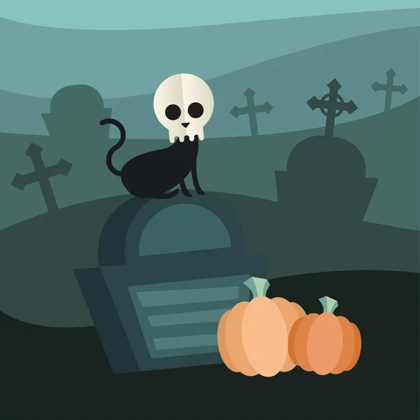 Halloween kočka s lebkou na hřbitově vektor design — Stockový vektor