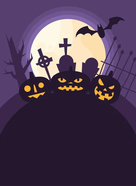 Calabazas de Halloween dibujos animados en el cementerio por la noche diseño de vectores — Vector de stock