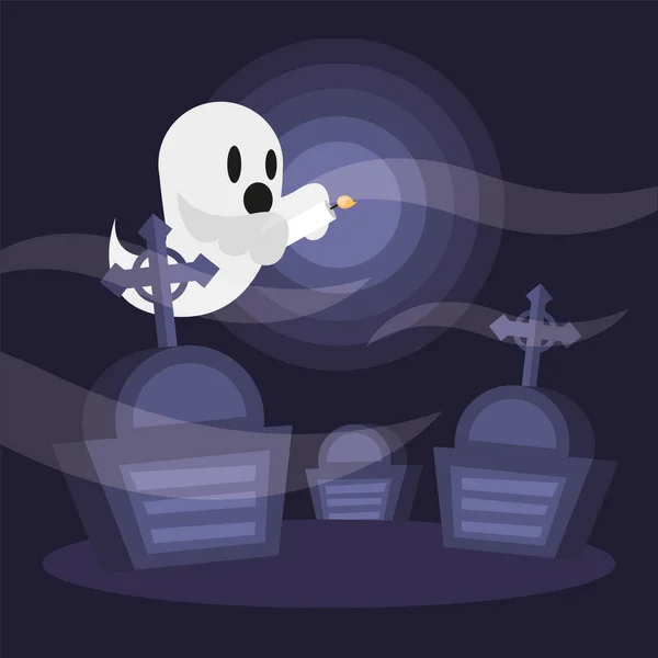 Halloween fantasma cartone animato al cimitero progettazione vettoriale — Vettoriale Stock