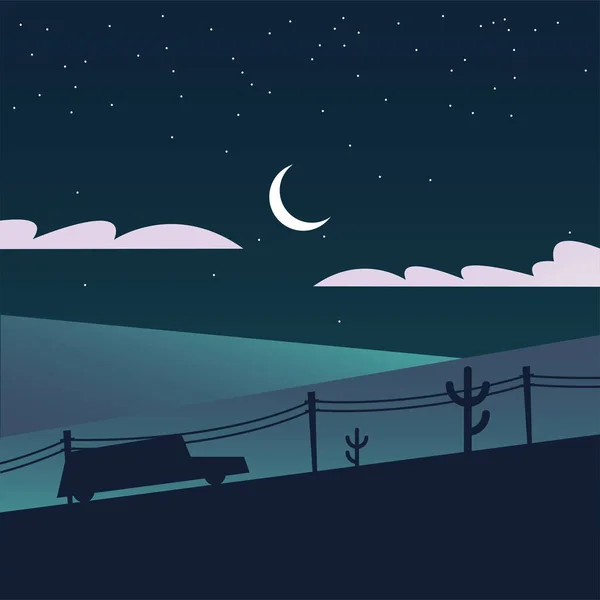 Silueta auta v horách v nočním vektorovém designu — Stockový vektor