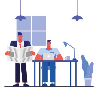 Ofis vektör tasarımında dizüstü bilgisayarı ve haberleri olan adamlar masada.