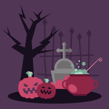 Cadılar Bayramı cadı kasesi ve balkabağı vektör tasarımı