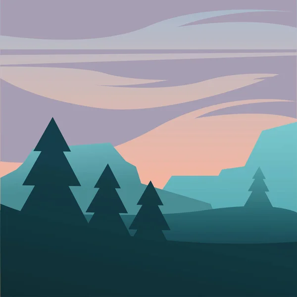 Purple sky over pine trees at mountain vector design — Stock Vector