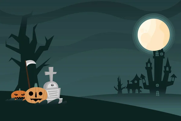 Cadılar Bayramı balkabakları gece vektör tasarımında mezarı olan karikatürler — Stok Vektör