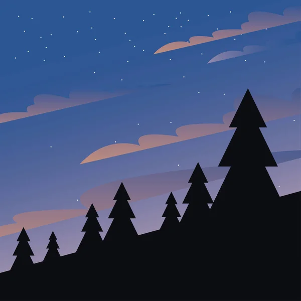 Nachthimmel über Kiefern bei Gebirgssilhouetten-Vektordesign — Stockvektor