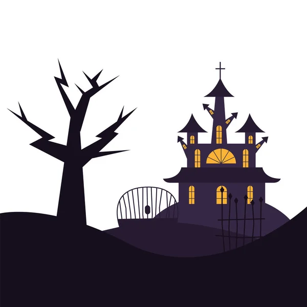 Ворота дома на Хэллоуин и векторный дизайн деревьев — стоковый вектор