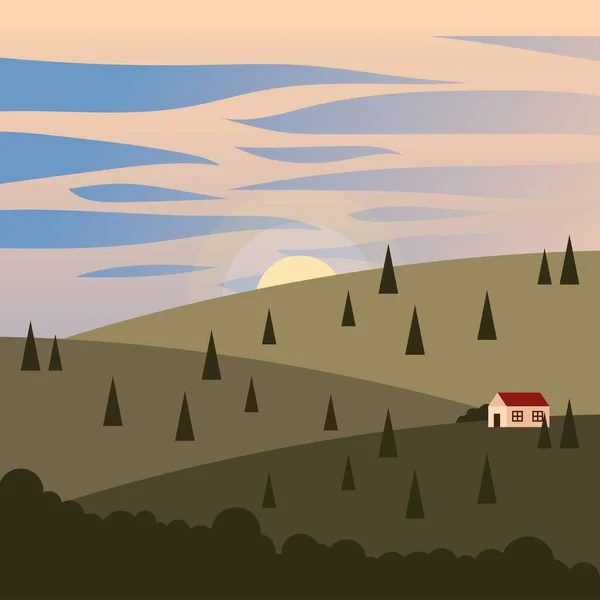 Maison à la montagne avec un design vectoriel de pins — Image vectorielle