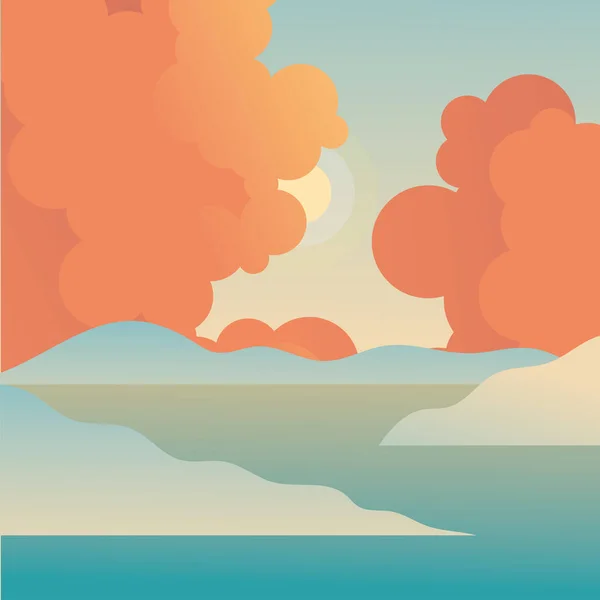 Sun and orange clouds over sea vector design — Stock Vector
