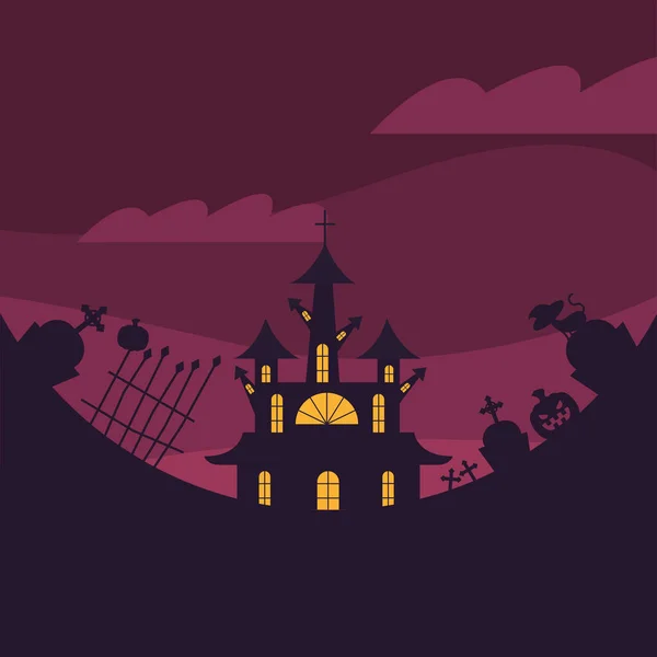 Casa de Halloween en el cementerio por la noche diseño de vectores — Vector de stock